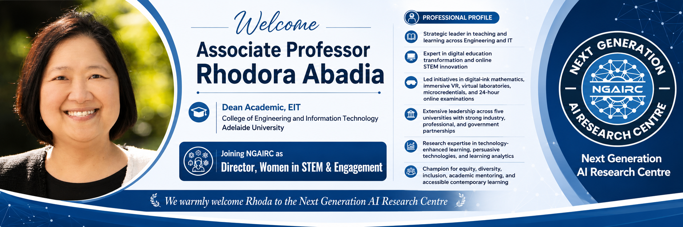 Welcome banner for Associate Professor Rhodora Abadia, Dean Academic, EIT, Adelaide University, joining NGAIRC as Director, Women in STEM and Engagement